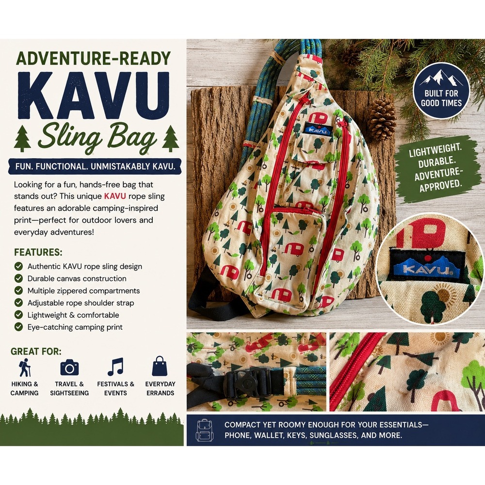 KAVU Rope Bag Sling Backpack Camping Print Canvas Crossbody Tan Red Green
